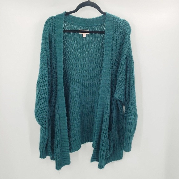 Evri Teal Chunky Knit Sweater Cardigan Womens 1x Open Front Pockets Boyfriend - Picture 12 of 12